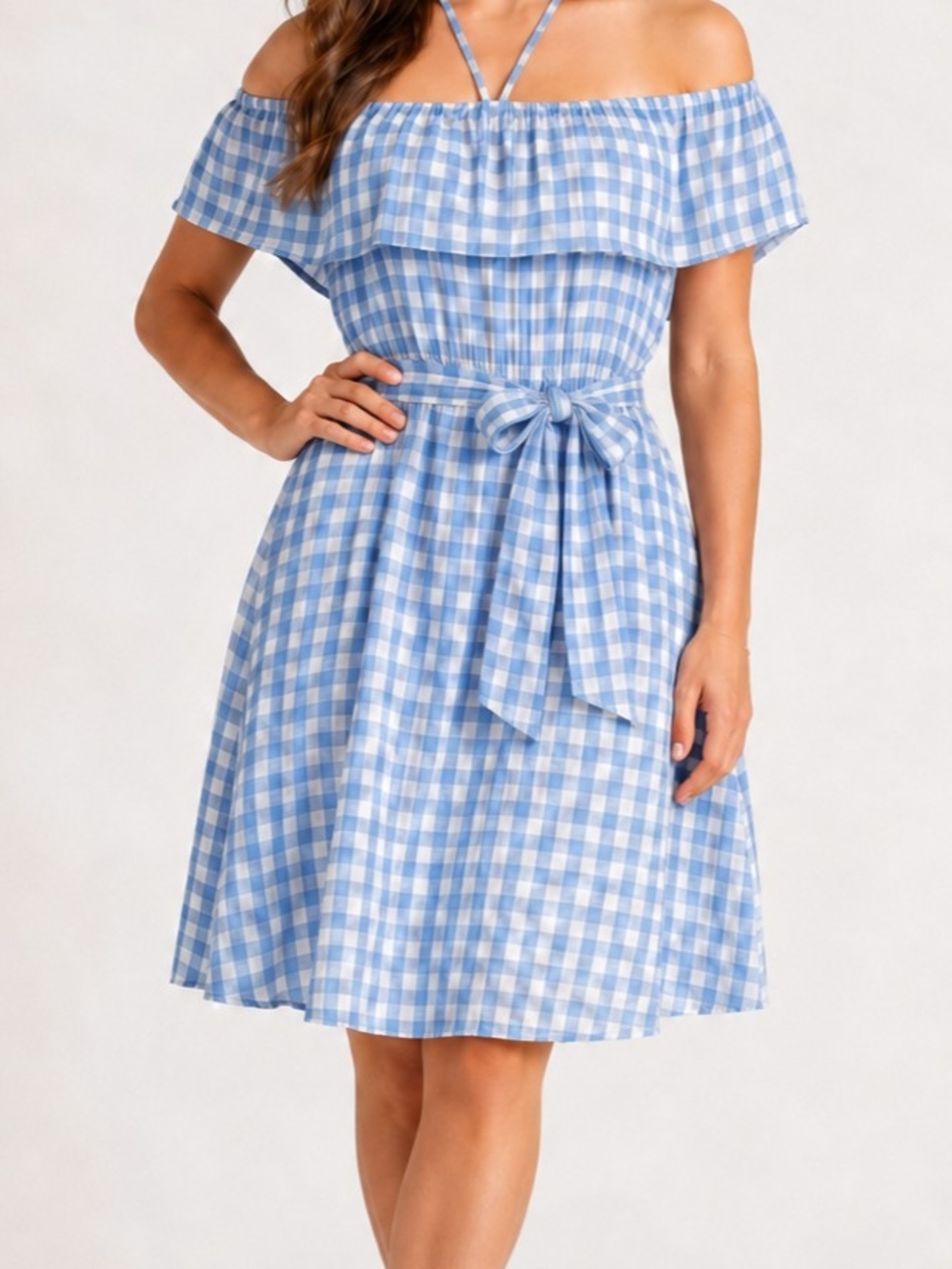 11:1 TYLHO Off-Shoulder Blue Gingham Belted Dress